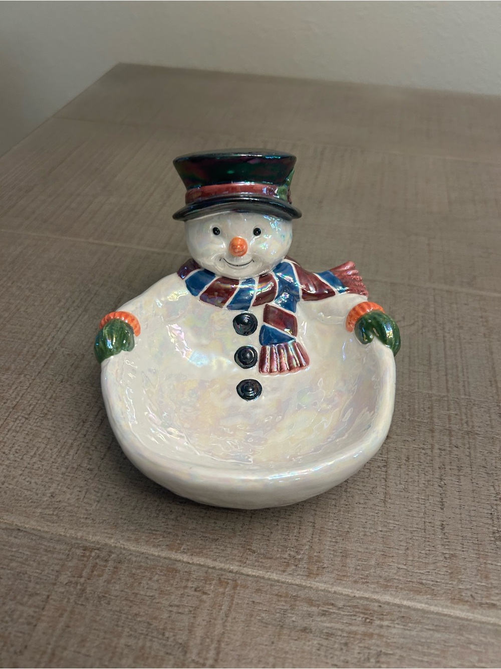 Snowman Holiday Ceramic Dish - White Iridescent with Multicolor Accents